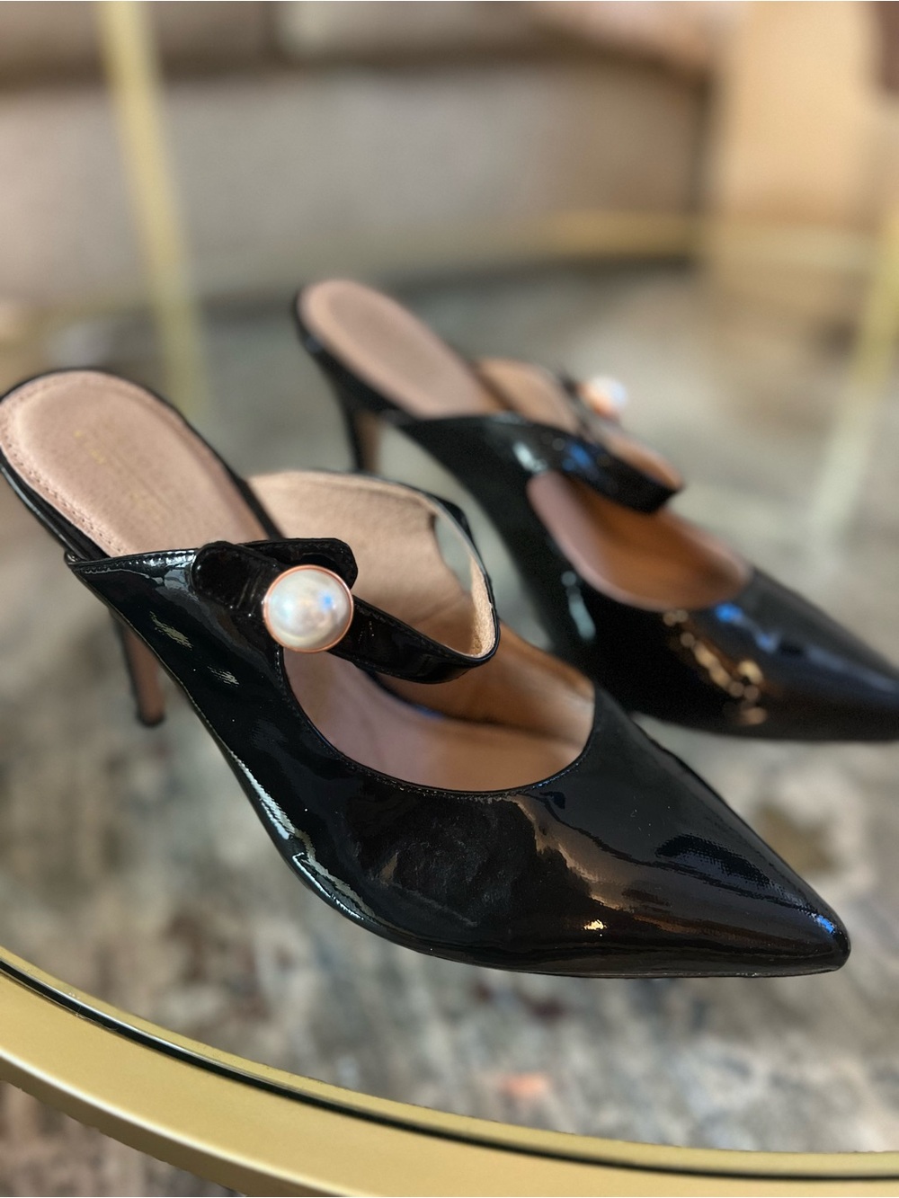 Halogen Black Patent Pointed-Toe Pearl Accent Mules